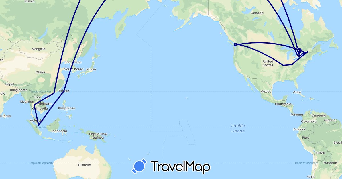 TravelMap itinerary: driving in Canada, China, Singapore, Thailand, Taiwan, United States (Asia, North America)